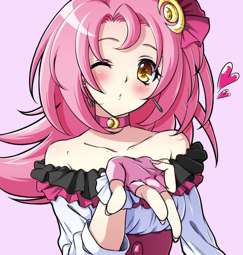1girl, bare_shoulders, blush, bow, cardfight!!_vanguard, cardfight!!_vanguard_g, earrings, fingerless_gloves, gloves, heart, highres, jewelry, long_hair, one_eye_closed, pink_hair, portrait, purple_background, saeka, simple_background, solo, yellow_eyes, yumizuki_luna