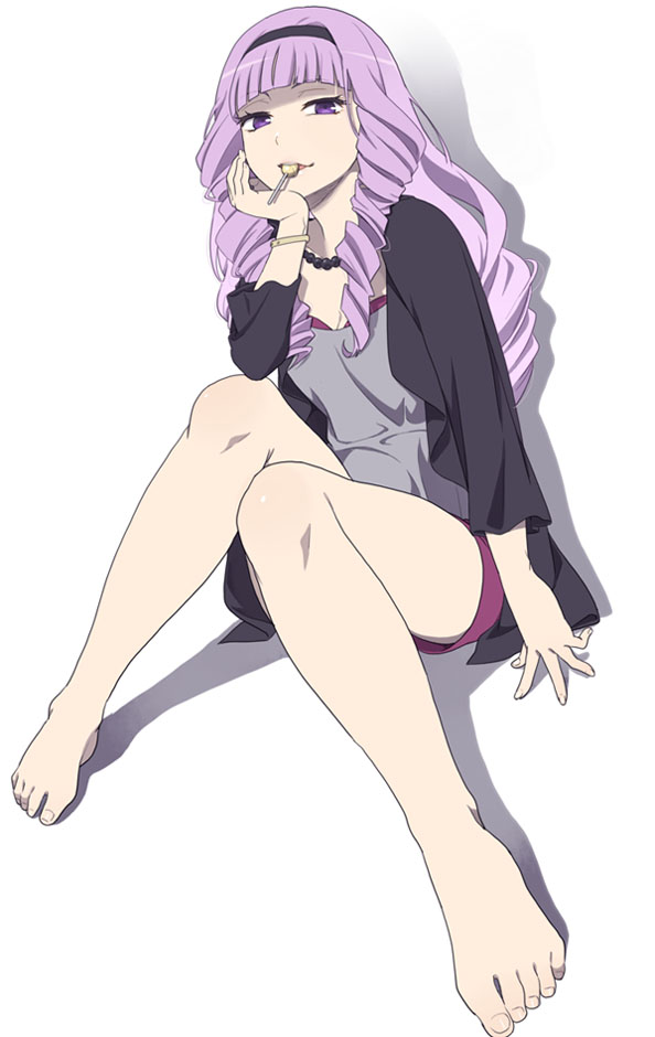 1girl, barefoot, cardfight!!_vanguard, cardfight!!_vanguard_g, drill_hair, eating, food, hairband