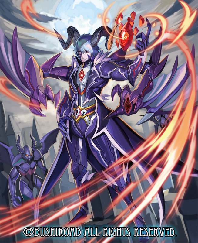 1boy, amon's_eye_agares, armor, armored_boots, bat_wings, blue_hair, boots, cardfight!!_vanguard