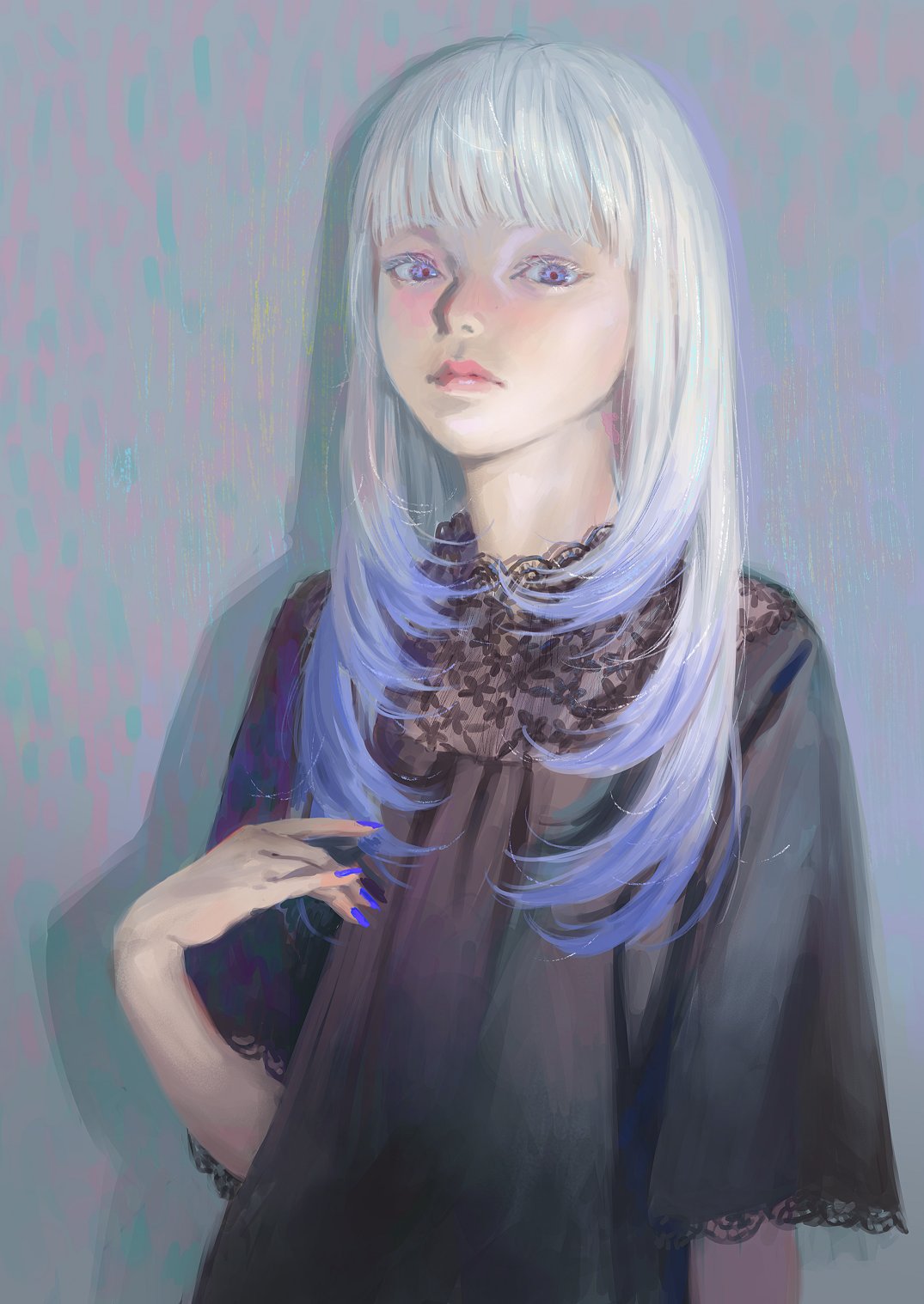 1girl, bangs, black_dress, blue_eyes, blue_nails, blunt_bangs, closed_mouth, dress