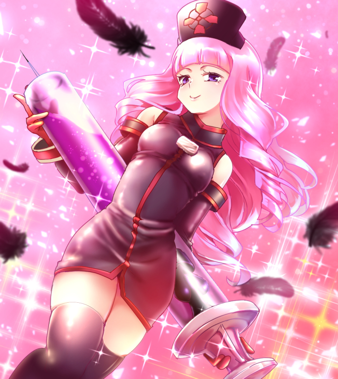 1girl, cardfight!!_vanguard, cardfight!!_vanguard_g, drill_hair, feathers, gloves, hashima_rin, hat, huryuuzaki, long_hair, nurse, nurse_cap, pink_background, pink_hair, simple_background, solo, sparkle, syringe, thighs, violet_eyes