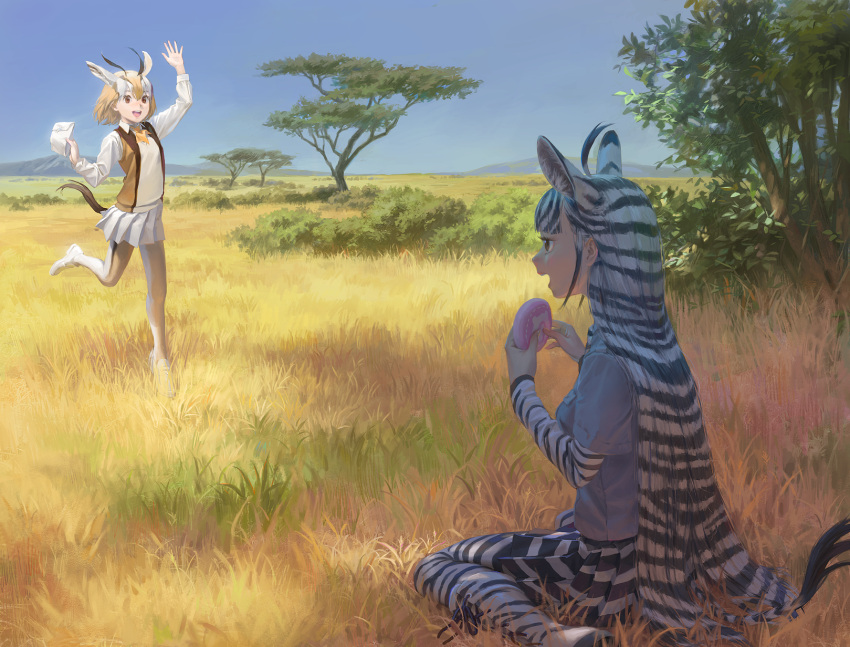 2girls, :d, ahoge, animal_ears, animal_print, arm_up, ascot, backlighting