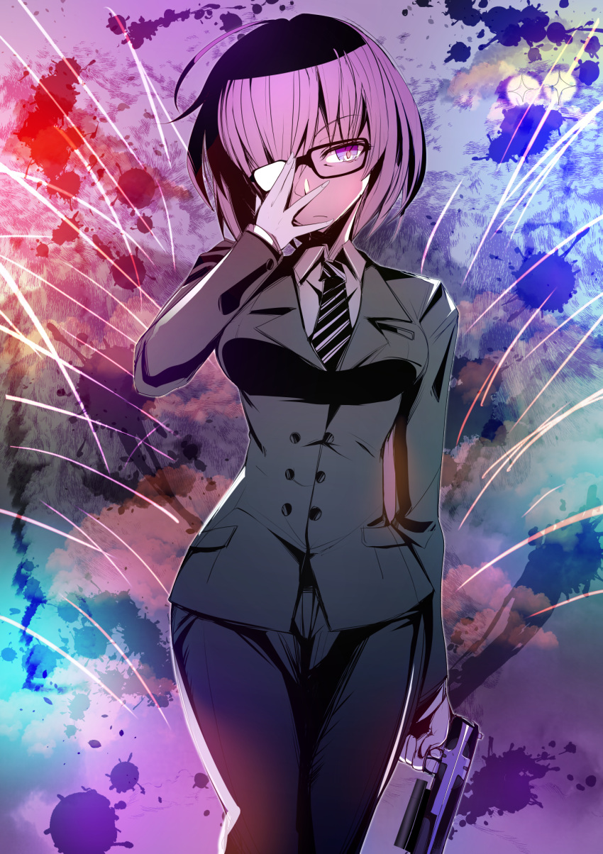 1girl, black_jacket, black_legwear, black_pants, breasts, closed_mouth, collared_shirt, fate/grand_order