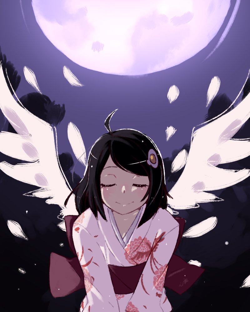 1girl, ahoge, araragi_tsukihi, bangs, black_hair, closed_eyes, closed_mouth, facing_viewer
