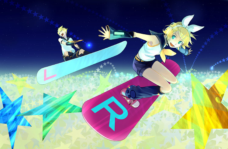 blue_eyes, habuki, hair_ornament, hair_ribbon, hairclip, kagamine_len, kagamine_rin, ribbon