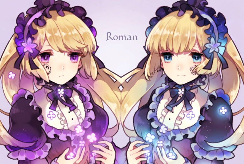 2girls, biskekun, blonde_hair, blue_eyes, commentary_request, copyright_name, dress, flower, frills, gothic_lolita, headdress, hortense, lolita_fashion, long_hair, multiple_girls, roman, siblings, smile, sound_horizon, twins, violet_eyes, violette