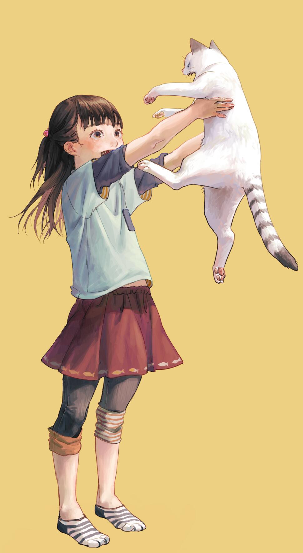 1girl, :d, animal, arms_up, bangs, black_pants, blue_shirt, blush