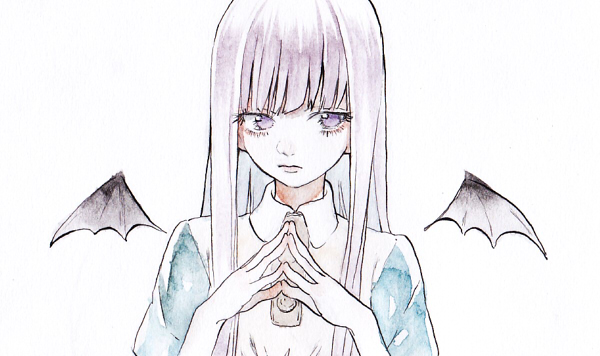 1girl, bangs, bat_wings, blunt_bangs, detached_wings, dress, kurosujuu, long_hair