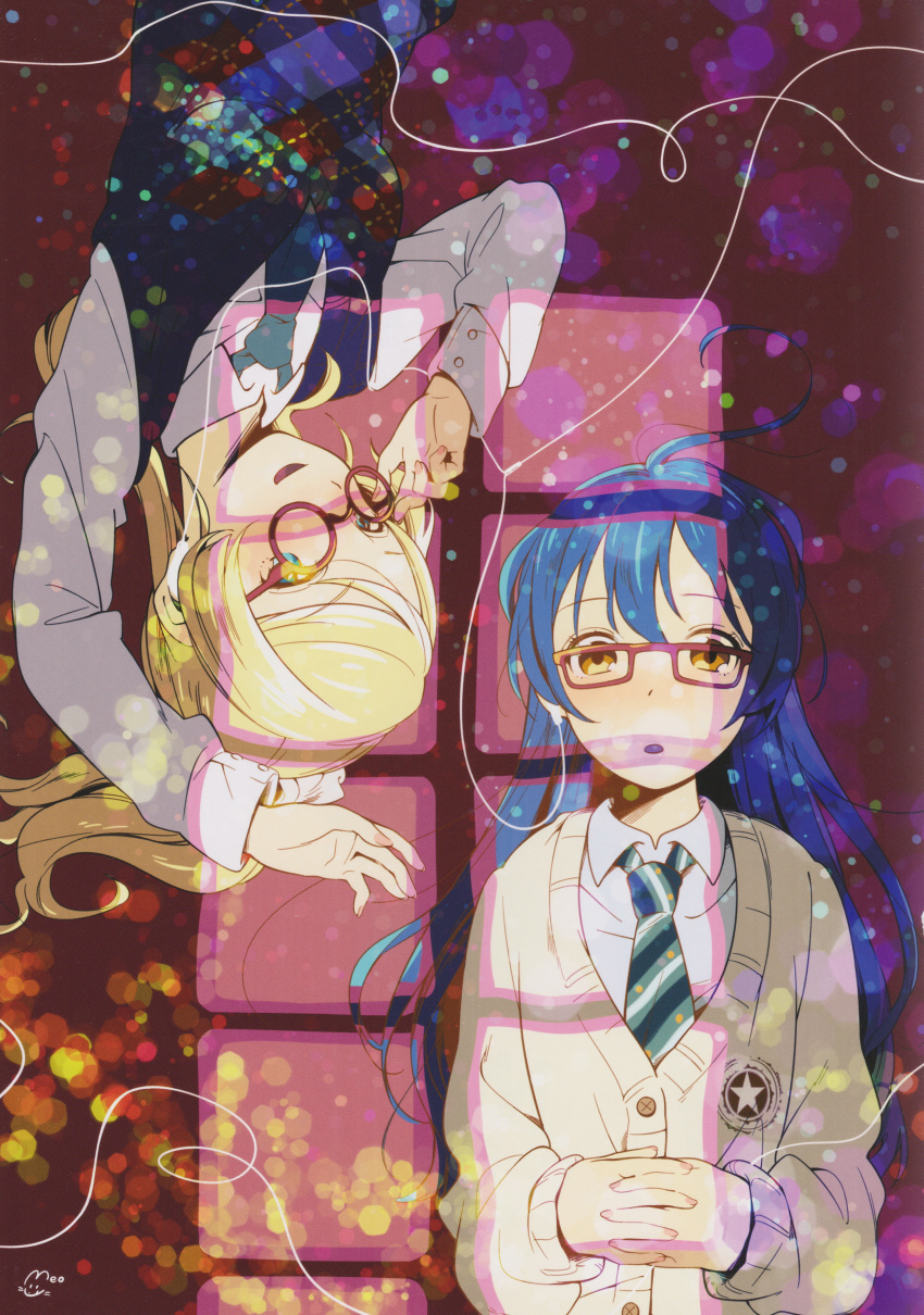 2girls, absurdres, adjusting_eyewear, ayase_eli, bangs, blonde_hair, blue_eyes, blue_hair, earphones, glasses, hair_between_eyes, highres, interlocked_fingers, long_hair, love_live!, love_live!_school_idol_festival, love_live!_school_idol_project, lying, meo, multiple_girls, necktie, ponytail, red-framed_eyewear, scan, school_uniform, smile, sonoda_umi, striped_neckwear, upside-down, vest, window_shade, yellow_eyes
