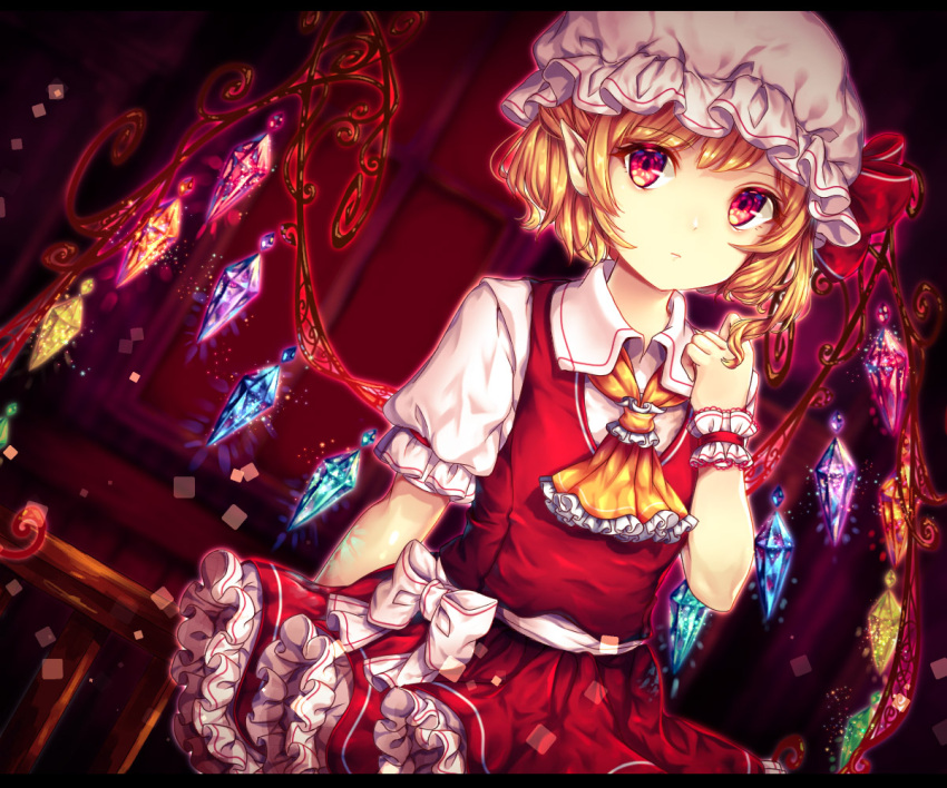 1girl, ascot, blonde_hair, bow, chiyu_(kumataro0x0), collared_shirt, crystal, dutch_angle