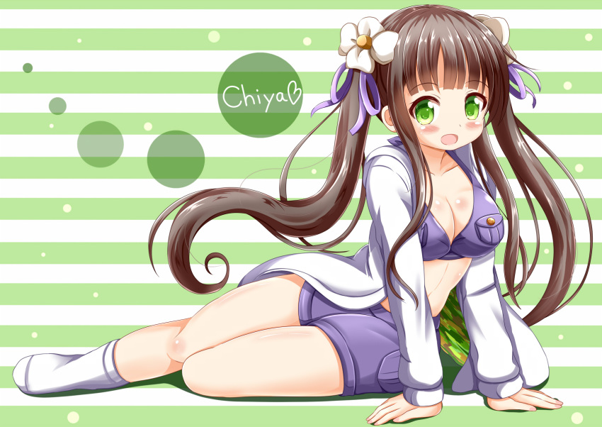 1girl, bangs, bikini_top, blunt_bangs, breasts, brown_hair, character_name, cleavage