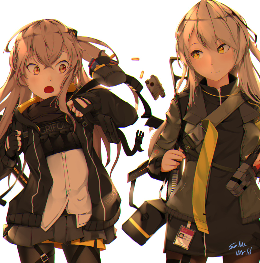 ammunition_pouch, bangs, black_gloves, black_jacket, black_legwear, black_shirt, blush, brown_eyes