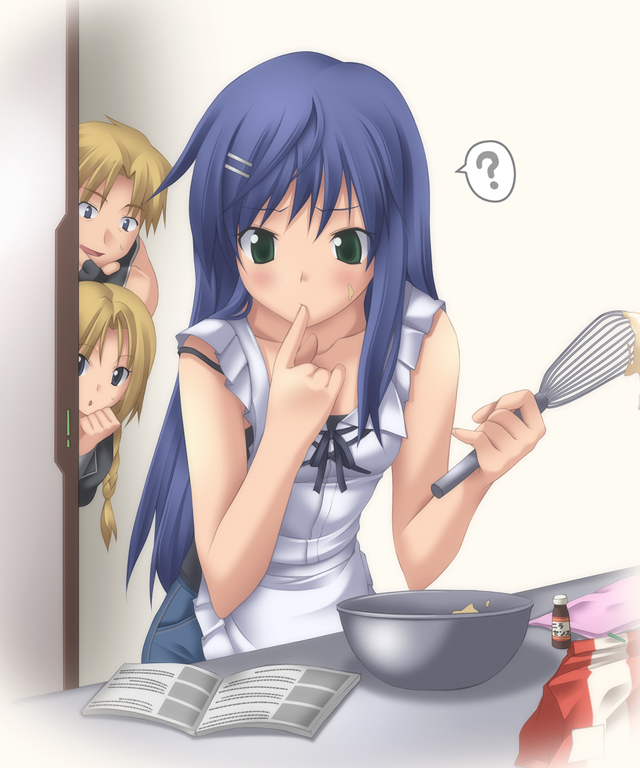 ..., 1boy, 2girls, ?, apron, black_hair, blue_eyes, blush, book, cliff_fittir, cooking, finger_in_mouth, koku, long_hair, maria_traydor, mirage_koas, mixing_bowl, multiple_girls, pink_hair, short_hair, speech_bubble, spoken_question_mark, star_ocean, star_ocean_till_the_end_of_time, whisk
