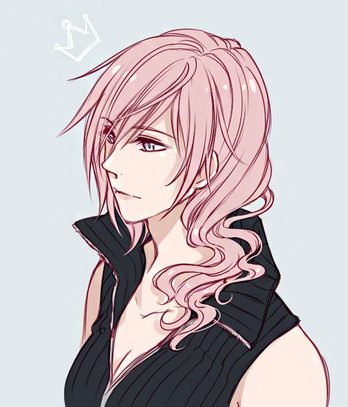 1girl, artist_request, breasts, cleavage, cloud_strife, cloud_strife_(cosplay), cosplay, final_fantasy, final_fantasy_vii, final_fantasy_vii_advent_children, final_fantasy_xiii, lightning_farron, long_hair, pink_hair, solo