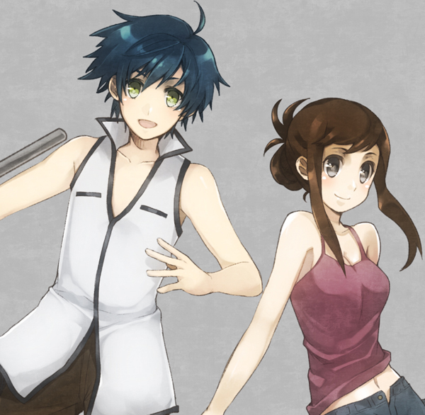 1boy, 1girl, agi, breasts, fayt_leingod, long_hair, sleeveless, sophia_esteed