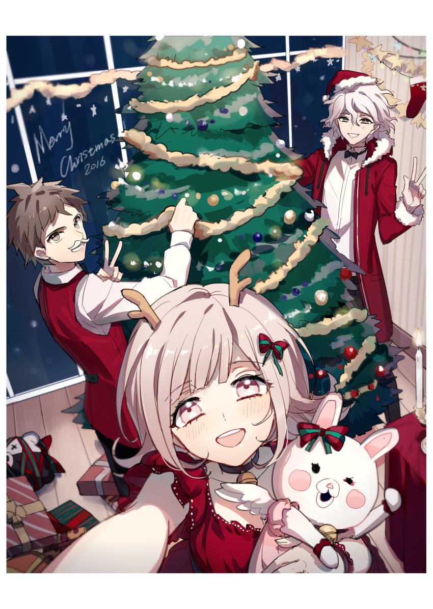 1girl, 2boys, absurdres, brown_hair, christmas_ornaments, christmas_tree, dangan_ronpa, highres, hinata_hajime, komaeda_nagito, looking_at_viewer, monomi_(dangan_ronpa), multiple_boys, nanami_chiaki, pink_hair, smile, super_dangan_ronpa_2, unagi_(515816703), white_hair