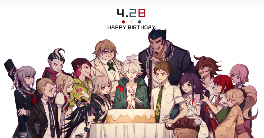 6+boys, 6+girls, ahoge, bandage, birthday_cake, black_hair, blonde_hair, bow, braid, breasts, brown_hair, cake, closed_eyes, dangan_ronpa, everyone, facial_hair, floral_print, food, formal, glasses, hair_ornament, hanamura_teruteru, happy_birthday, hat, highres, hinata_hajime, japanese_clothes, kimono, koizumi_mahiru, komaeda_nagito, kuzuryuu_fuyuhiko, long_hair, looking_at_viewer, mioda_ibuki, mitarai_ryouta, multicolored_hair, multiple_boys, multiple_girls, nanami_chiaki, nidai_nekomaru, owari_akane, pekoyama_peko, pink_hair, saionji_hiyoko, school_uniform, serafuku, short_hair, silver_hair, smile, sonia_nevermind, souda_kazuichi, super_dangan_ronpa_2, tanaka_gandamu, togami_byakuya_(super_dangan_ronpa_2), tsumiki_mikan, unagi_(515816703), white_hair