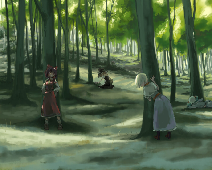 77gl, alice_margatroid, forest, hakurei_reimu, hiding, kawashiro_nitori, kirisame_marisa, multiple_girls, nature, patchouli_knowledge, scenery, stalking, touhou, tree, when_you_see_it