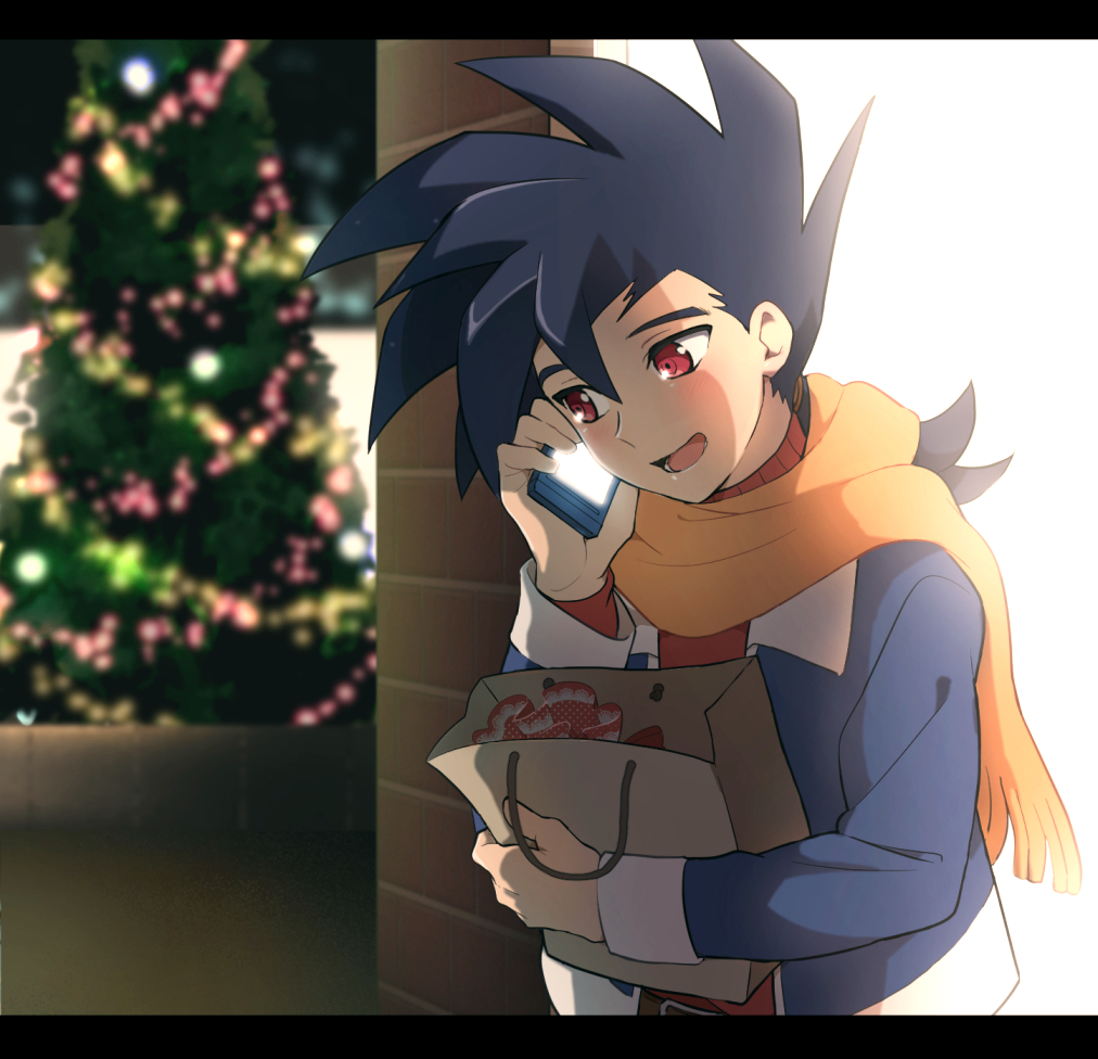 1boy, bag, black_hair, blush, cardfight!!_vanguard, cardfight!!_vanguard_g, cellphone, christmas_tree