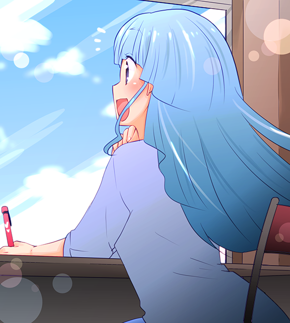 1girl, back, blue_hair, blush, cardfight!!_vanguard, cardfight!!_vanguard_g, chair, karamayo_rolo, long_hair, open_mouth, pencil, sitting, solo, violet_eyes, window, yatomi_saya