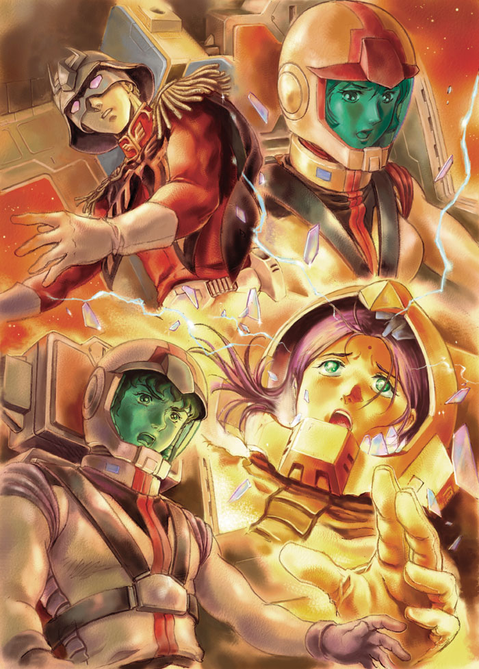 80s, amuro_ray, bindi, char_aznable, cockpit, facial_mark, forehead_mark, green_eyes