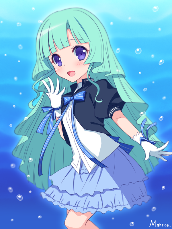 1girl, aqua_hair, artist_name, blush, bow, bowtie, bubble, cardfight!!_vanguard