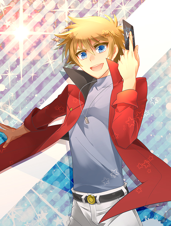 1boy, belt, blonde_hair, blue_eyes, card, cardfight!!_vanguard, cardfight!!_vanguard_g, hesocha