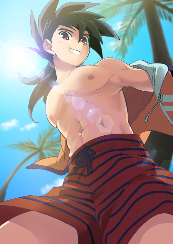 1boy, abs, black_hair, cardfight!!_vanguard, cardfight!!_vanguard_g, coconut_tree, day, huryuuzaki