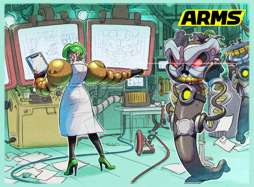 1girl, arms_(game), blueprint, commentary_request, dr._coyle, green_hair, hedlok, highres, ishikawa_masaaki, labcoat, laboratory, logo, mechanical_arm, monitor, nintendo, official_art, pointing, robot, slime, the_cell