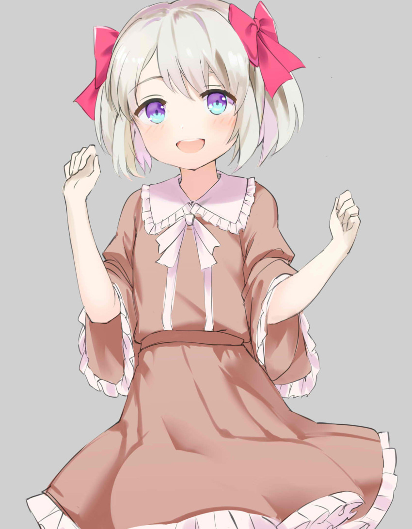 1girl, hair_ribbon, highres, latina_(uchi_no_musume_no_tame_naraba), ribbon, silver_hair, skirt, twintails