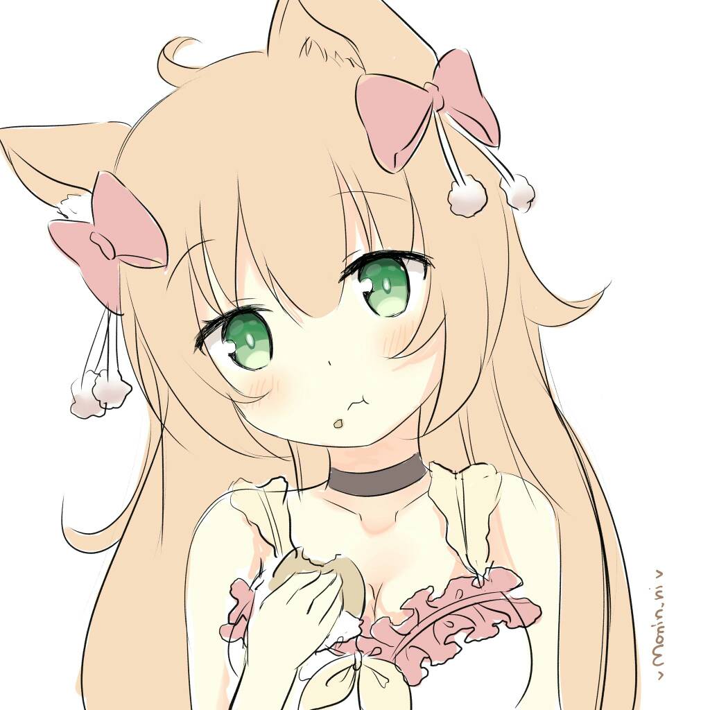 ahoge, animal_ears, bangs, blush, bow, brown_hair, cat_ears, chewing