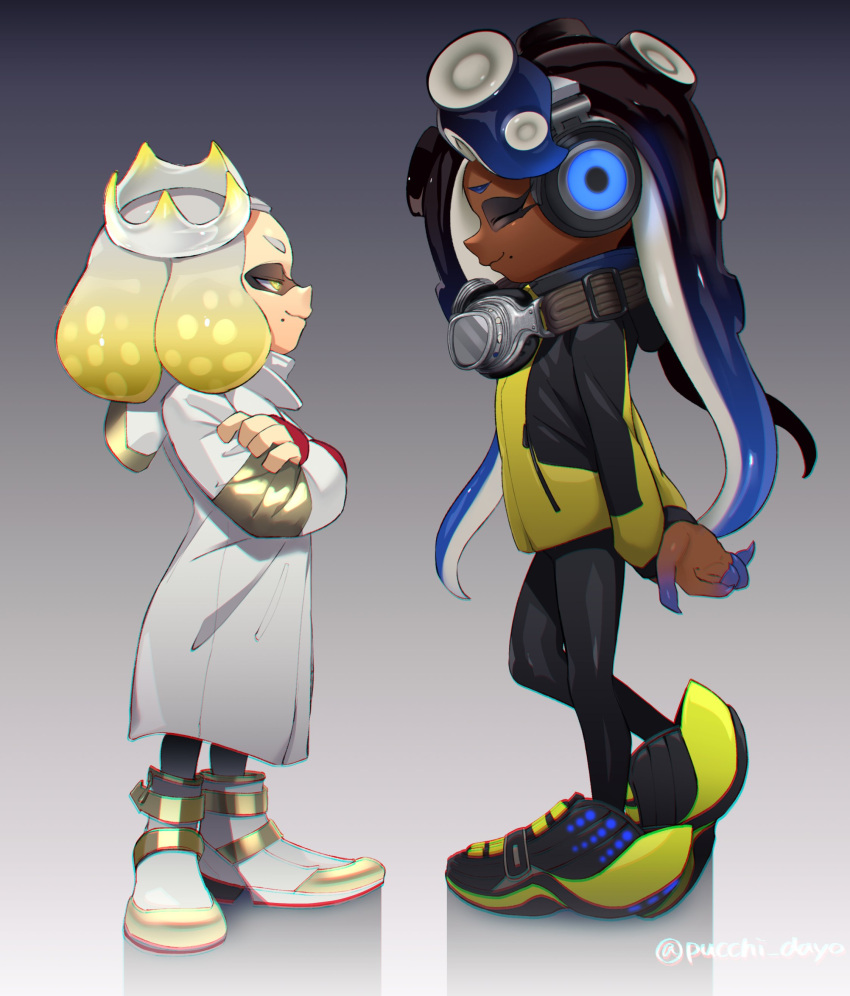 2girls, absurdres, arms_behind_back, boots, closed_eyes, cosplay, crossed_arms, dark_skin, emperor_(splatoon), emperor_(splatoon)_(cosplay), full_body, goggle-kun_(splatoon), goggle-kun_(splatoon)_(cosplay), goggles, goggles_around_neck, gradient, gradient_background, headphones, height_difference, highres, jacket, looking_at_another, marina_(splatoon), multiple_girls, octarian, pearl_(splatoon), puchiman, splatoon, splatoon_(manga), splatoon_(series), splatoon_2, tentacle_hair, white_hair
