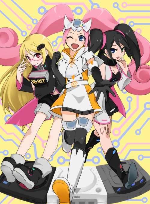 3girls, ;d, ankle_boots, bangs, belt, black_coat, black_dress, black_footwear