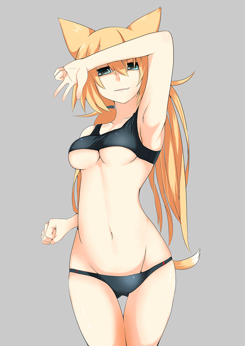 1girl, animal_ears, arm_up, armpits, bangs, bare_arms, bare_legs, blonde_hair, blue_eyes, blush, bra, breasts, capoki, clenched_hand, clothes_removed, collarbone, eyebrows_visible_through_hair, fang, girls_frontline, gluteal_fold, grey_background, hair_between_eyes, hair_ornament, hair_tie, hairclip, idw_(girls_frontline), legs_together, long_hair, looking_at_viewer, lowleg, lowleg_panties, medium_breasts, navel, panties, parted_lips, shaded_face, simple_background, smile, solo, stomach, thighs, twintails, under_boob, underwear, underwear_only