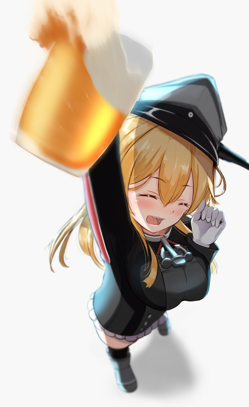 1girl, anchor_hair_ornament, arm_up, bangs, beer_mug, blonde_hair, blush, breasts