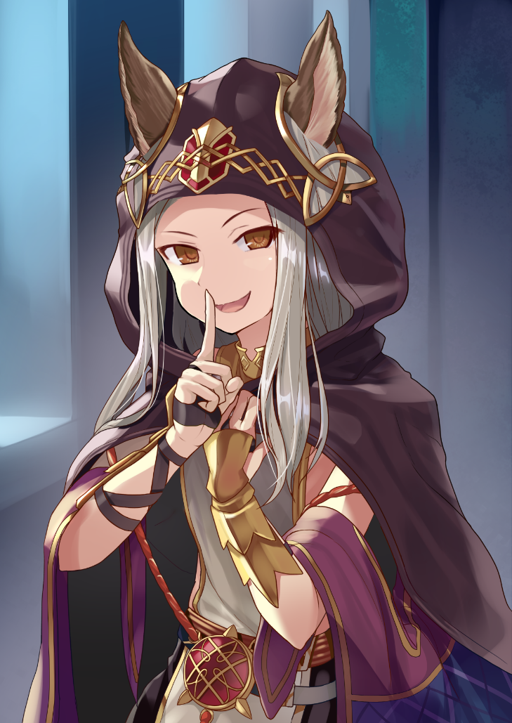 1girl, animal_ears, blush, brown_eyes, cloak, commentary_request, ears_through_headwear, erun_(granblue_fantasy)