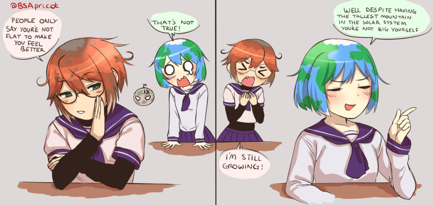 bangs, blue_hair, blue_skirt, blush, breast_envy, brown_hair, closed_eyes, crying