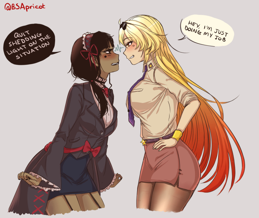 2girls, angry, black_hole-sensei, bracelet, breasts, danielle_brindle, dark_skin, english_text, eyewear_on_head, gothic, hairband, hands_on_hips, jewelry, large_breasts, long_hair, multicolored_hair, multiple_girls, necktie, original, pantyhose, pencil_skirt, scowl, skirt, standing, sun-sensei, sunglasses, twitter_username, two-tone_hair, very_long_hair
