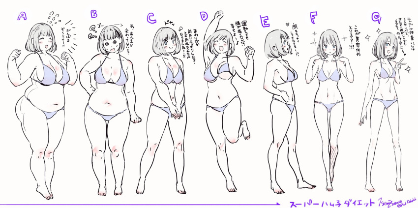 1girl, @_@, belly, bikini, blush, breasts, fat, highres