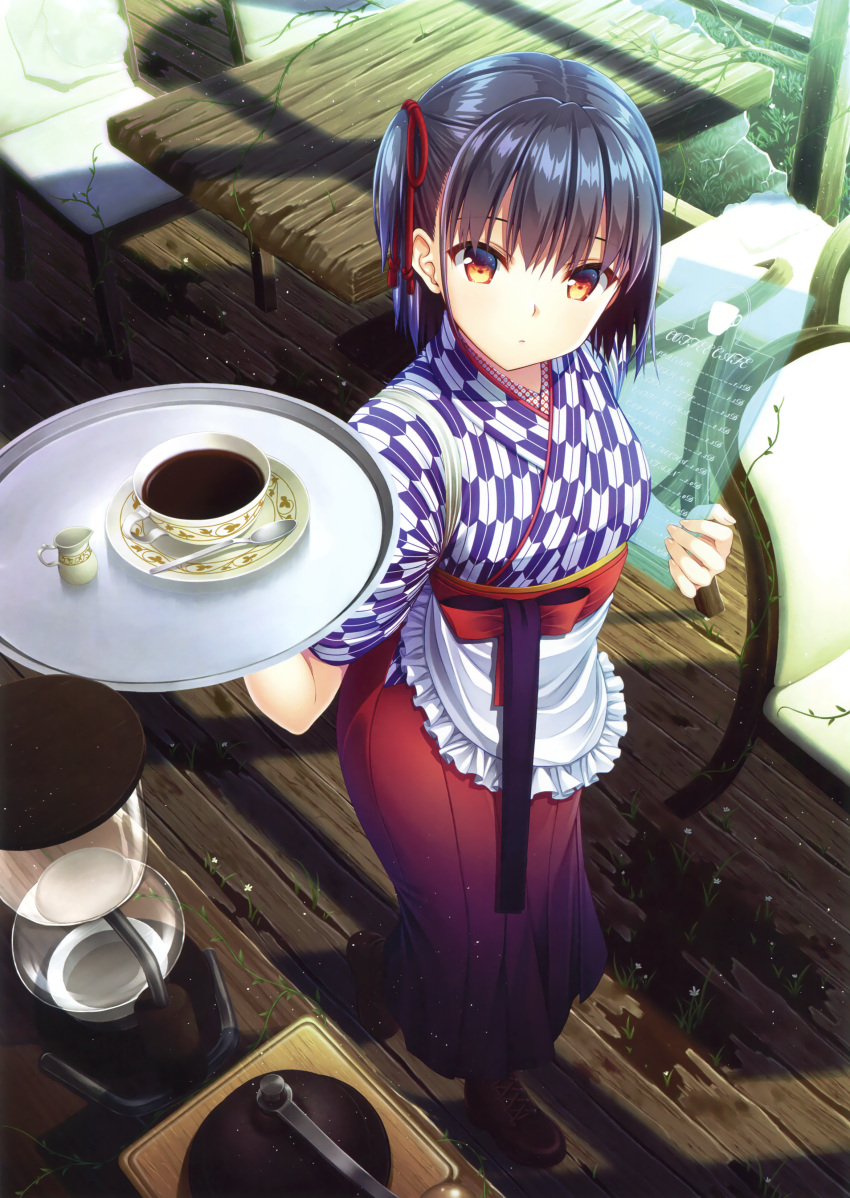 1girl, absurdres, apron, arm_up, asami_asami, bangs, black_hair, coffee_grinder