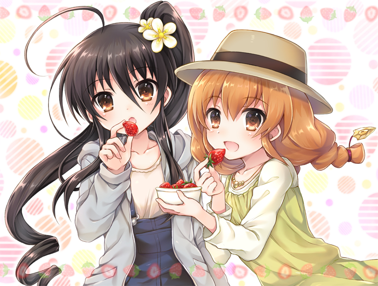 2girls, alternate_costume, alternate_hairstyle, black_hair, bowl, braid, brown_eyes, brown_hair
