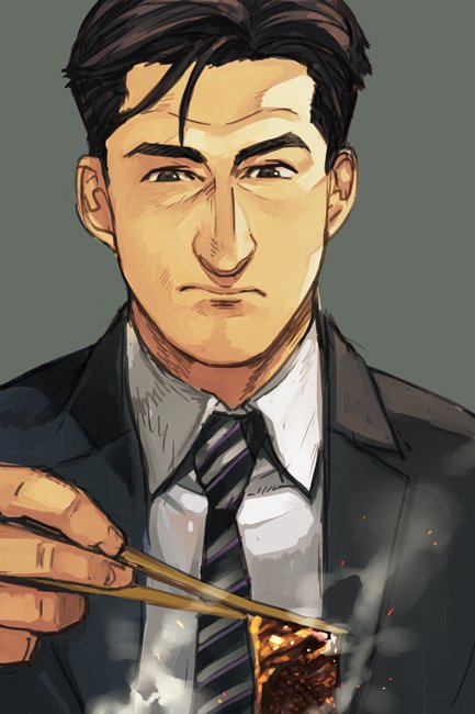 1boy, black_eyes, black_hair, chopsticks, closed_mouth, collared_shirt, fingernails, food
