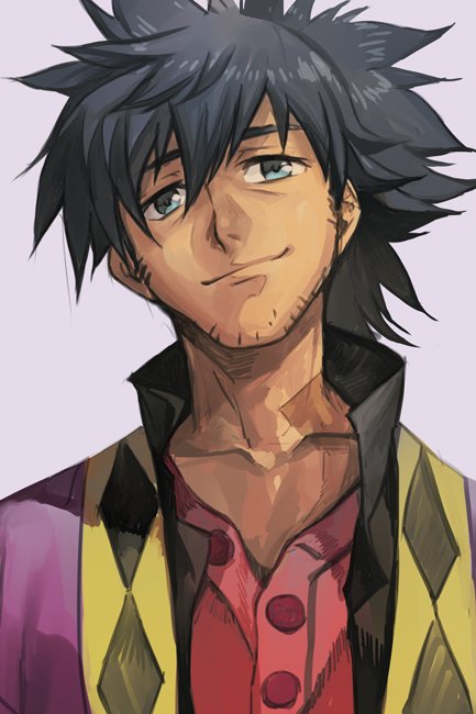 1boy, bangs, black_hair, blue_eyes, closed_mouth, grey_background, hair_between_eyes, hankuri, head_tilt, jacket, looking_at_viewer, male_focus, ponytail, raven_(tales), red_shirt, shirt, simple_background, smile, solo, tales_of_(series), tales_of_vesperia, upper_body