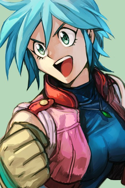 1girl, :d, allenby_beardsley, bangs, blue_hair, blue_shirt, brown_gloves, clenched_hand