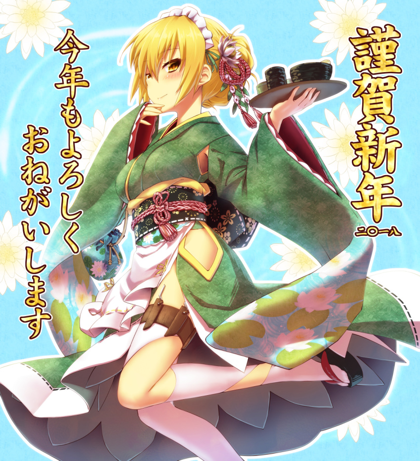 1girl, blonde_hair, braid, breasts, cleavage, flower, flower_knight_girl, french_braid, highres, japanese_clothes, looking_at_viewer, medium_breasts, mizunashi_(second_run), short_hair, smile, solo, suiren_(flower_knight_girl), translation_request, yellow_eyes