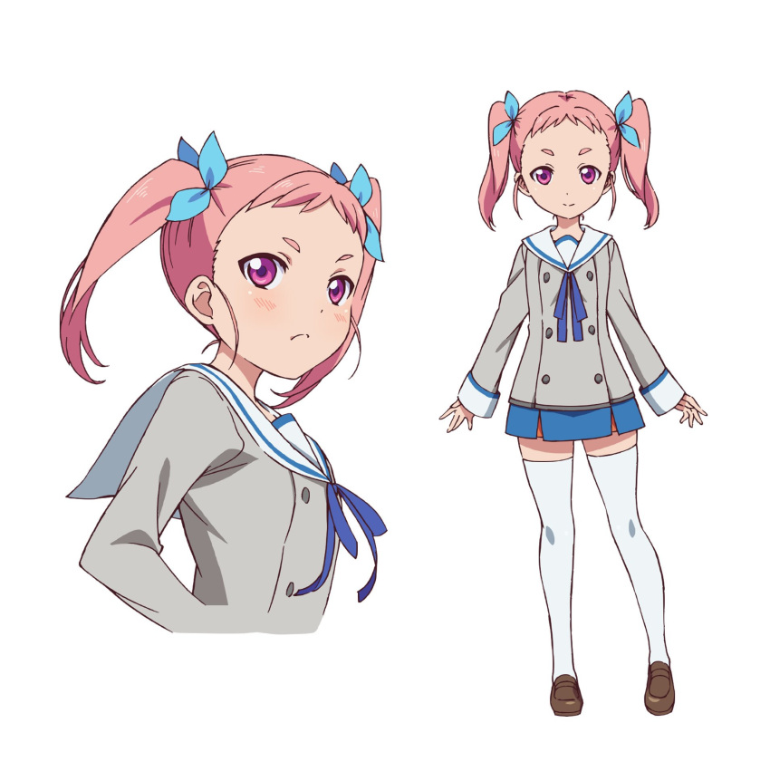 1girl, action_heroine_cheer_fruits, blue_neckwear, blue_ribbon, blue_skirt, blush, brown_footwear, character_sheet