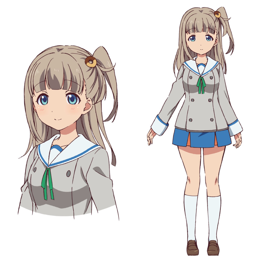 1girl, action_heroine_cheer_fruits, bangs, blue_skirt, blunt_bangs, blush, breasts, brown_footwear