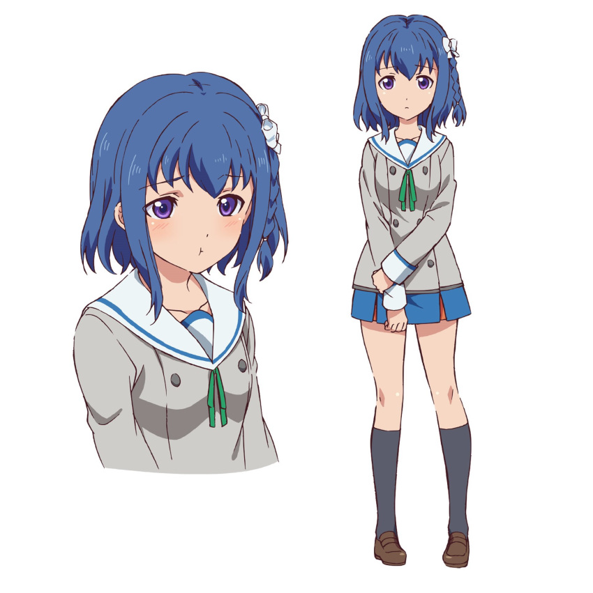 1girl, action_heroine_cheer_fruits, aoyama_yuuki, black_legwear, blue_hair, blue_skirt, blush, bow