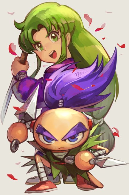 1boy, 1girl, :d, bandage, bandaged_leg, blue_eyes, ganbare_goemon, green_eyes