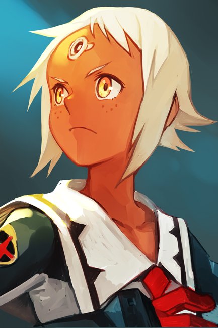 1girl, blue_background, closed_mouth, dark_skin, facial_mark, forehead_mark, hankuri, lal'c_mellk_mal